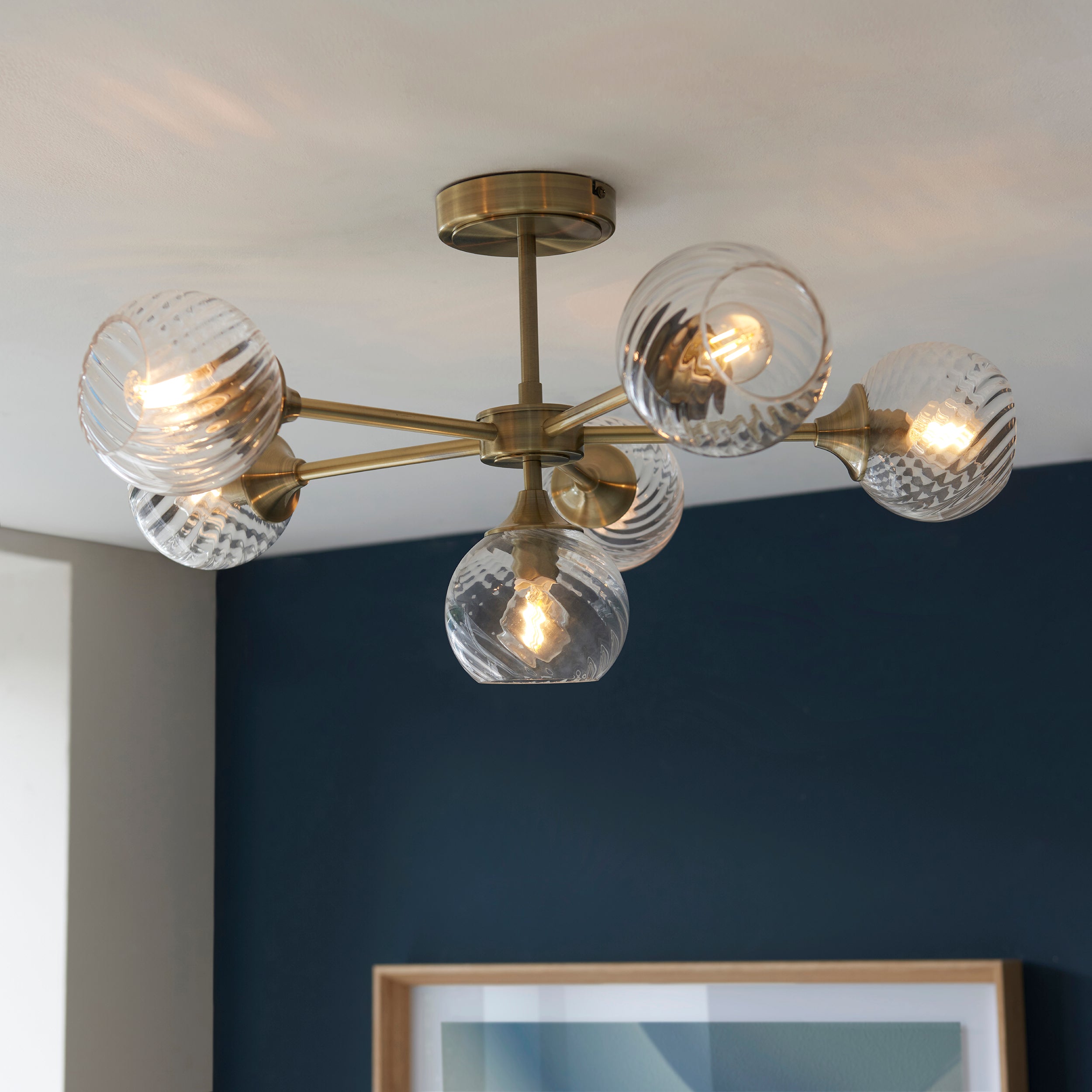 Allegra Antique Brass & Spiral Glass 6 Arm Ceiling Light