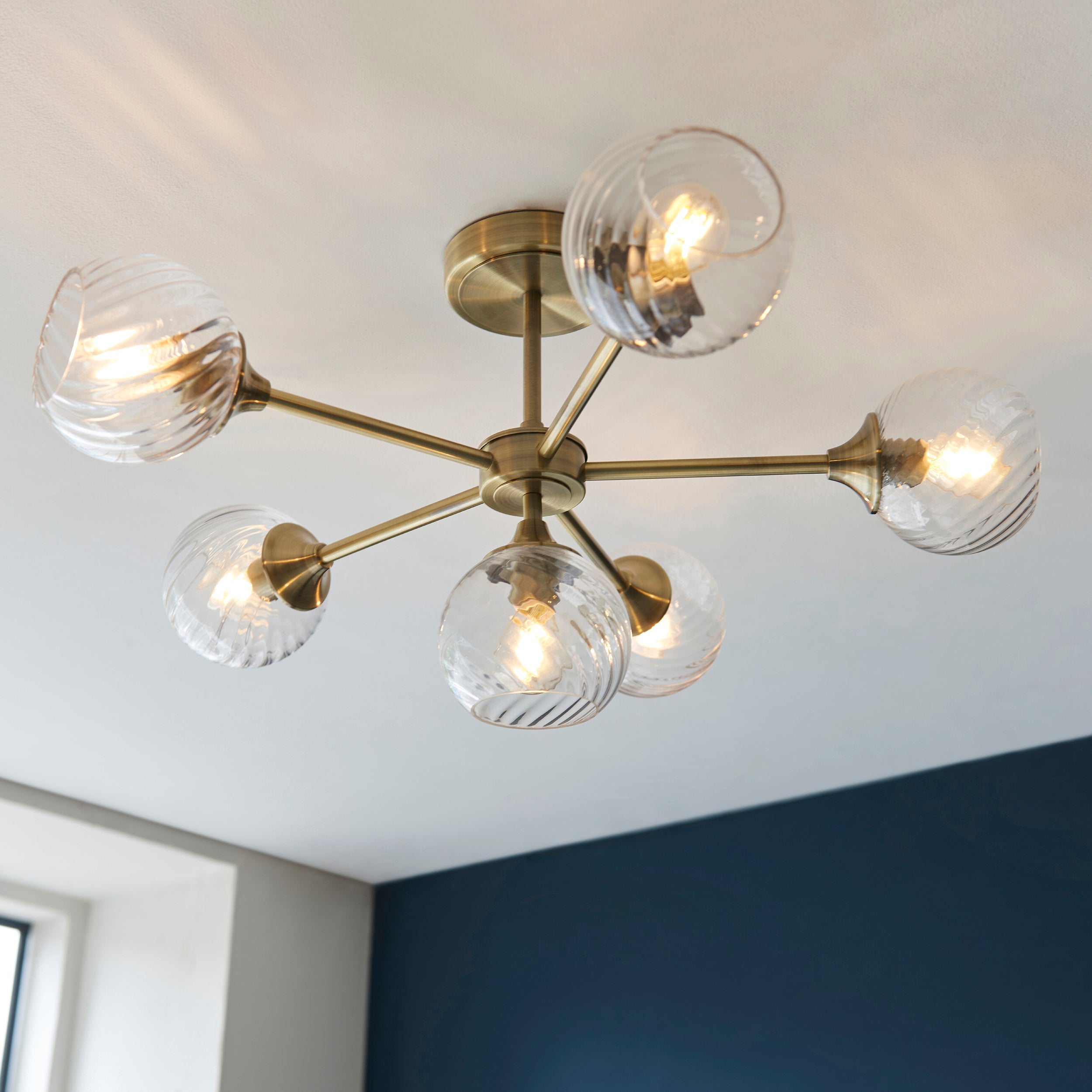 Allegra Antique Brass & Spiral Glass 6 Arm Ceiling Light