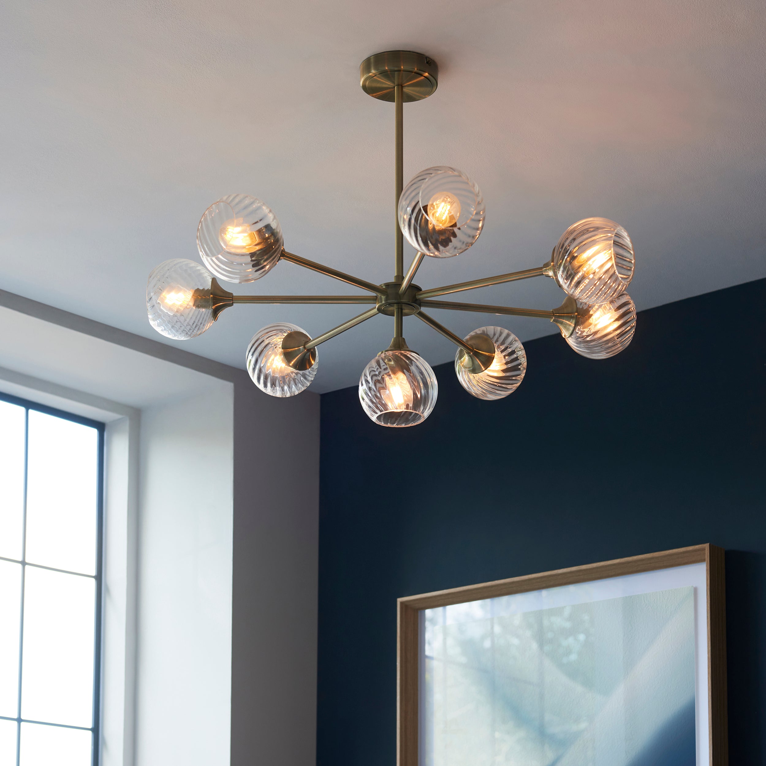 Allegra Antique Brass & Spiral Glass 8 Arm Ceiling Light